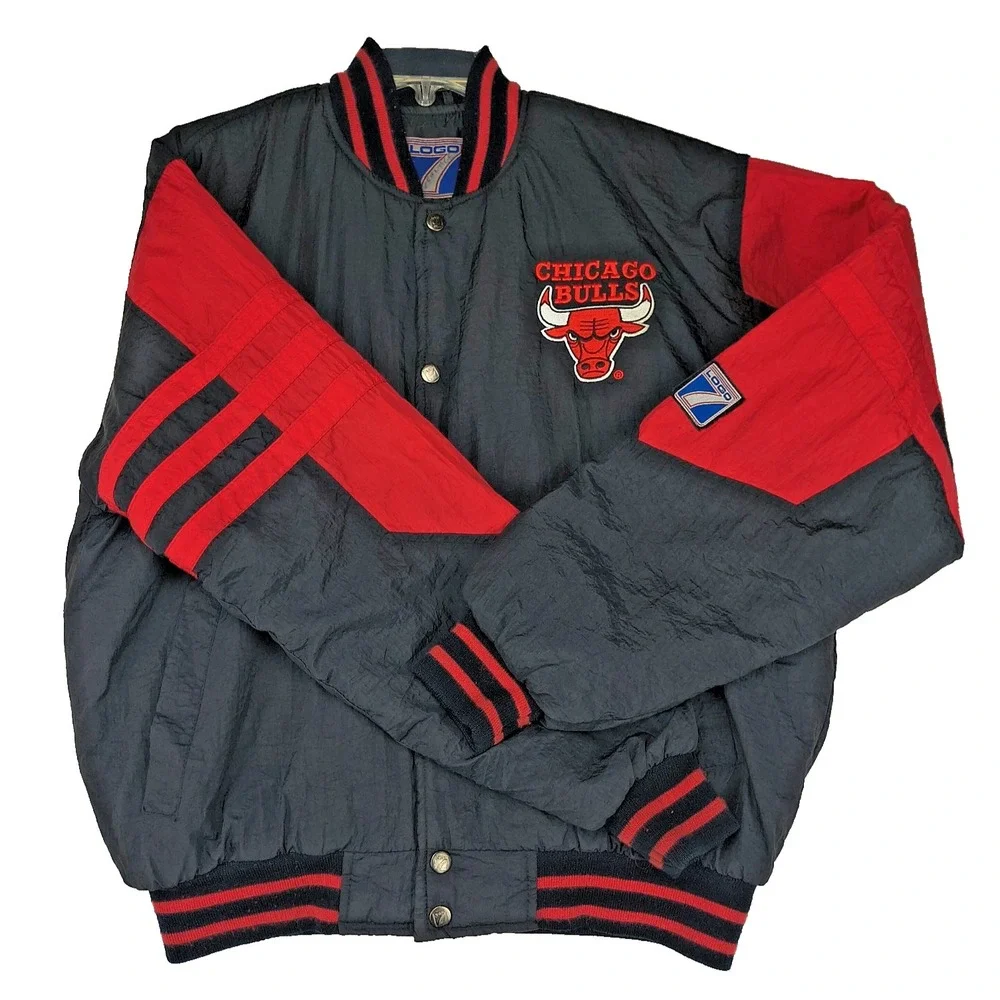 Vintage Logo 7 Chicago Bulls NBA Varsity‎ Bomber Jacket Youth XL Black Red 90s